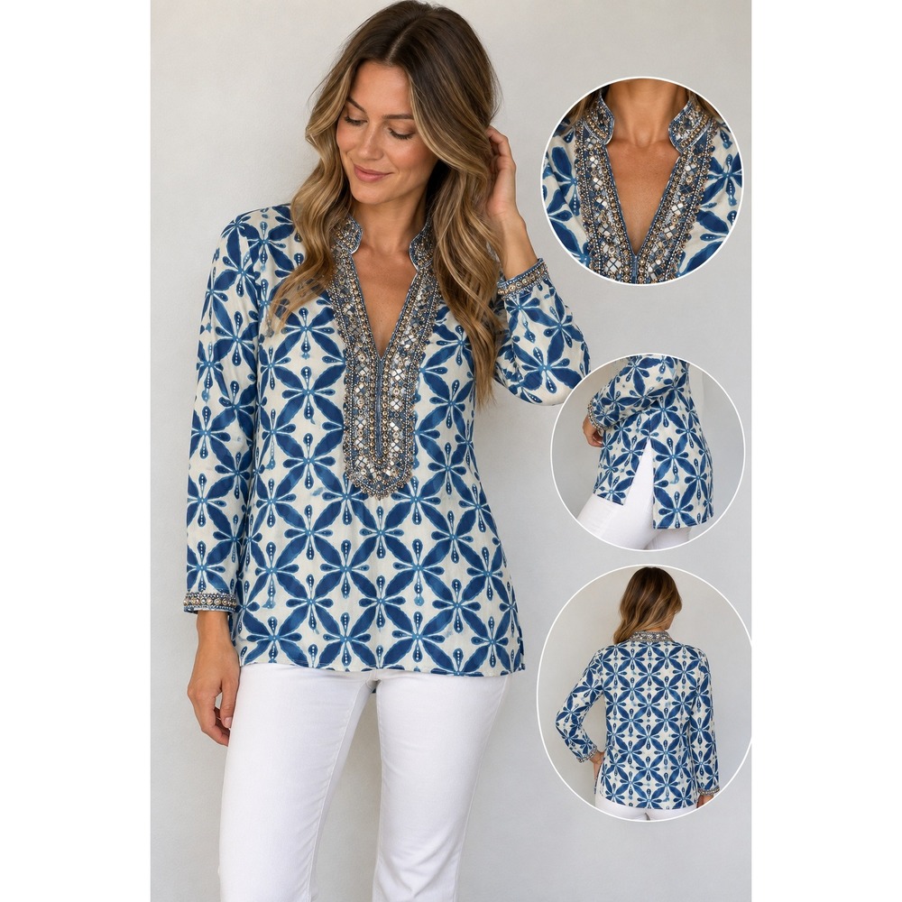 Bella Tu Womens XS Blue White Beaded V Neck Cotton Tunic Blouse Resort Top